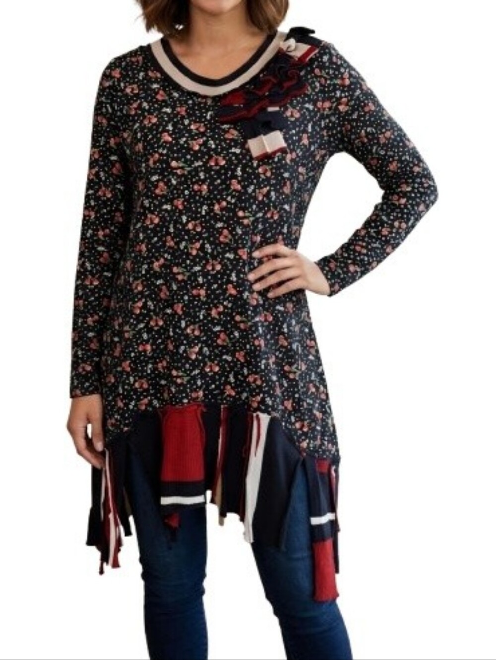 Black Ditsy Floral Print Tunic Top Knit Applique Asymmetric Hem Long Sleeve